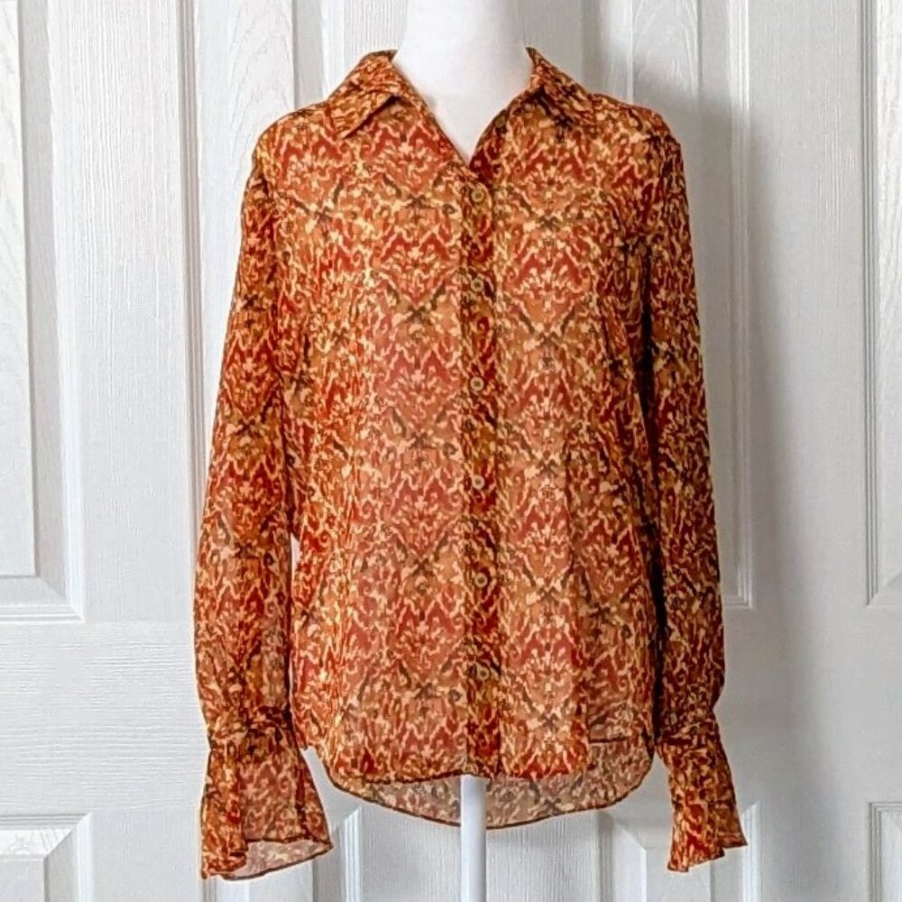ZARA Womens Button Down The Nico Blouse Top  Size S  Red Brown Print NWT